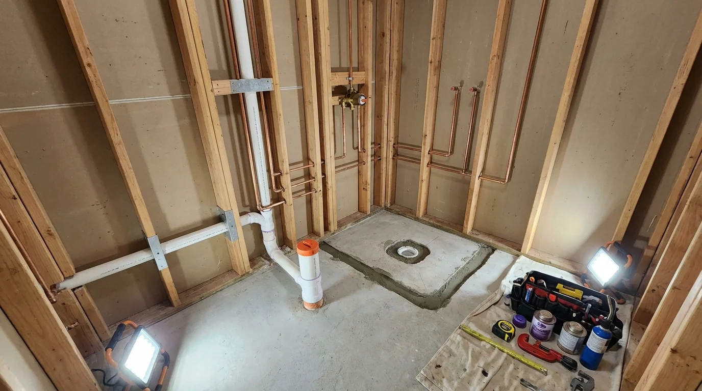 Bathroom rough-in plumbing during remodel by Johns Plumbing LLC in Merrick