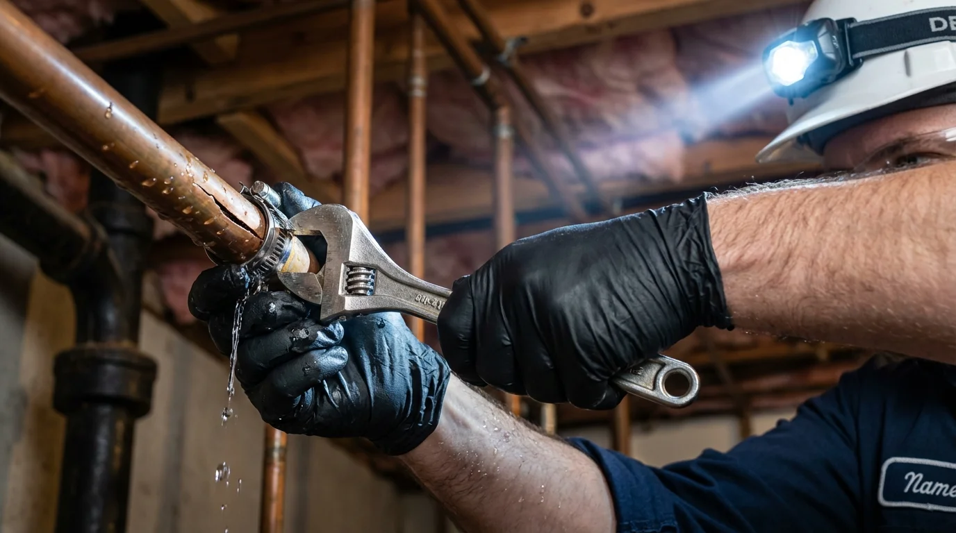 Emergency pipe clamp repair being performed by a Johns Plumbing LLC plumber in Merrick