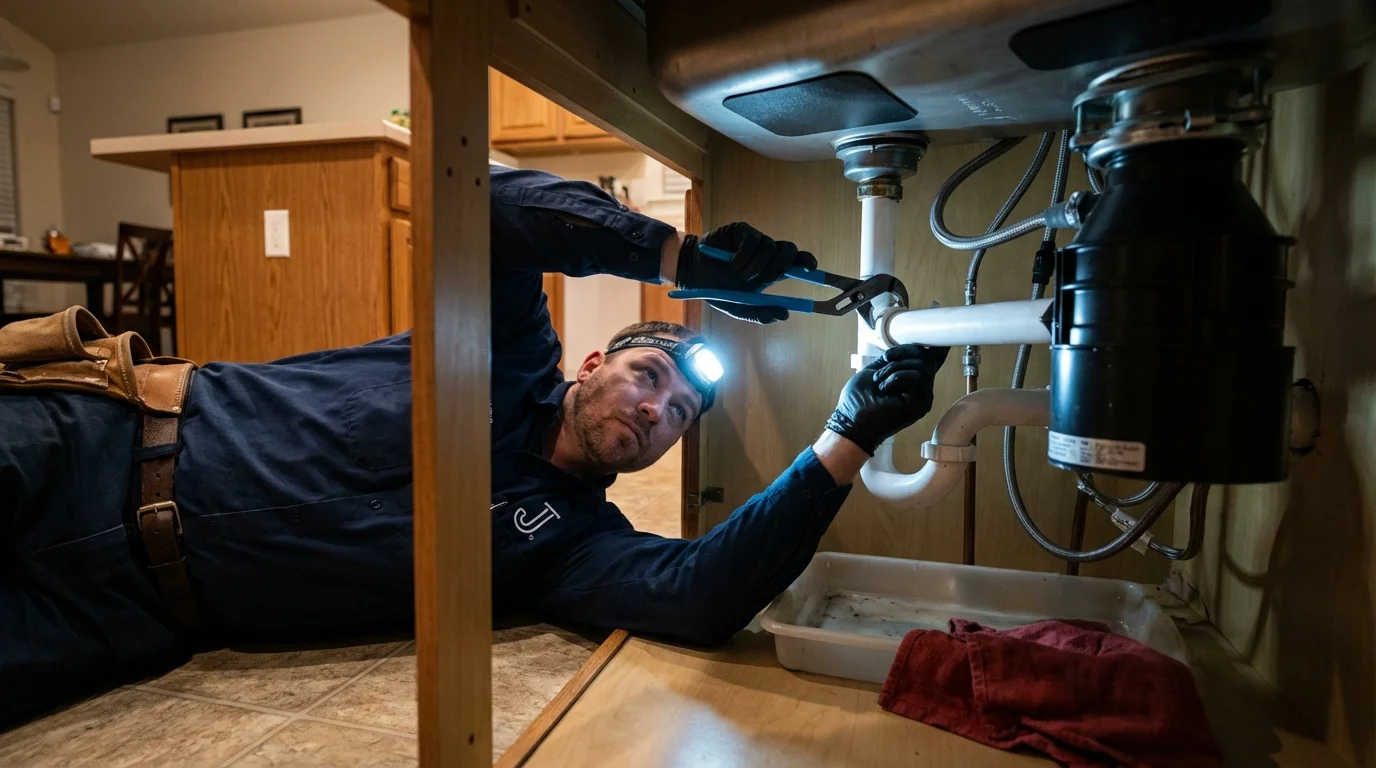 P-trap and supply line connections under a kitchen sink showing a common leak point in Merrick, NY